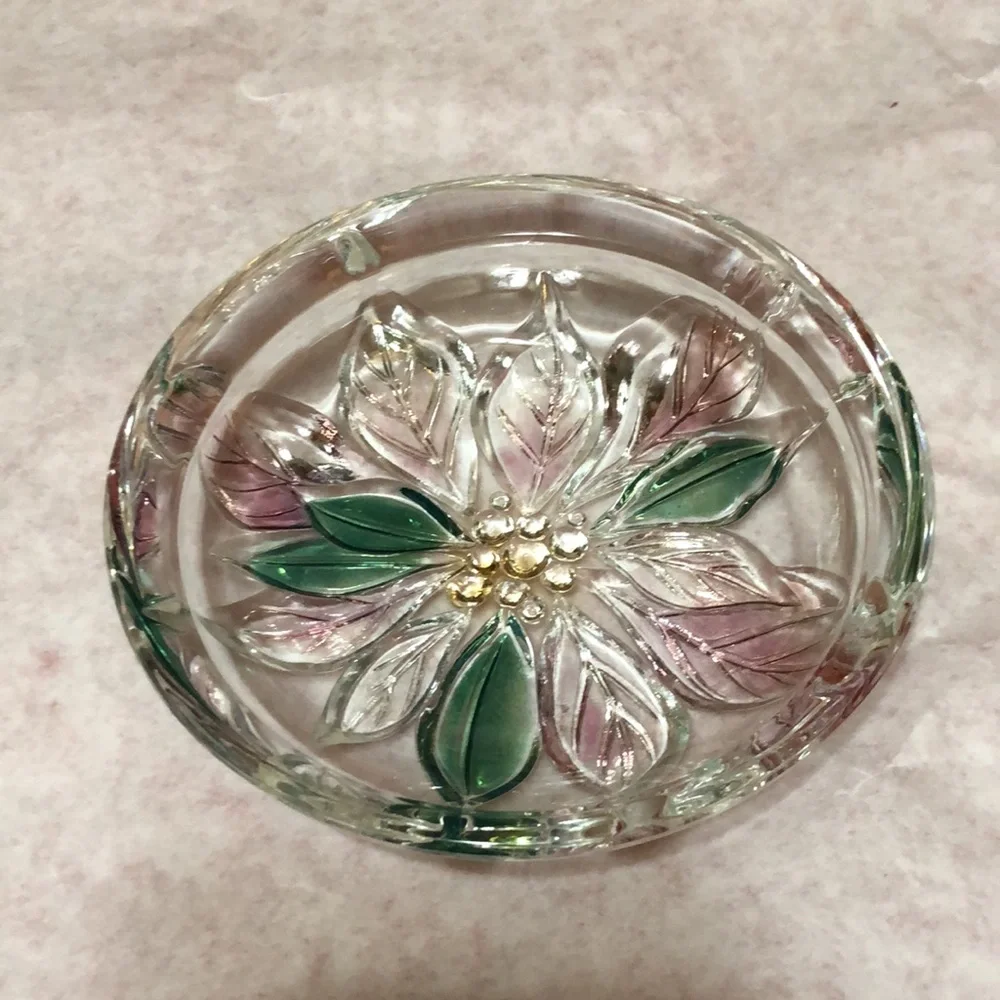 Savoir Vivre Crystal Holiday Spirit Pink Poinsettia Floral Candy Dish Japan 5”